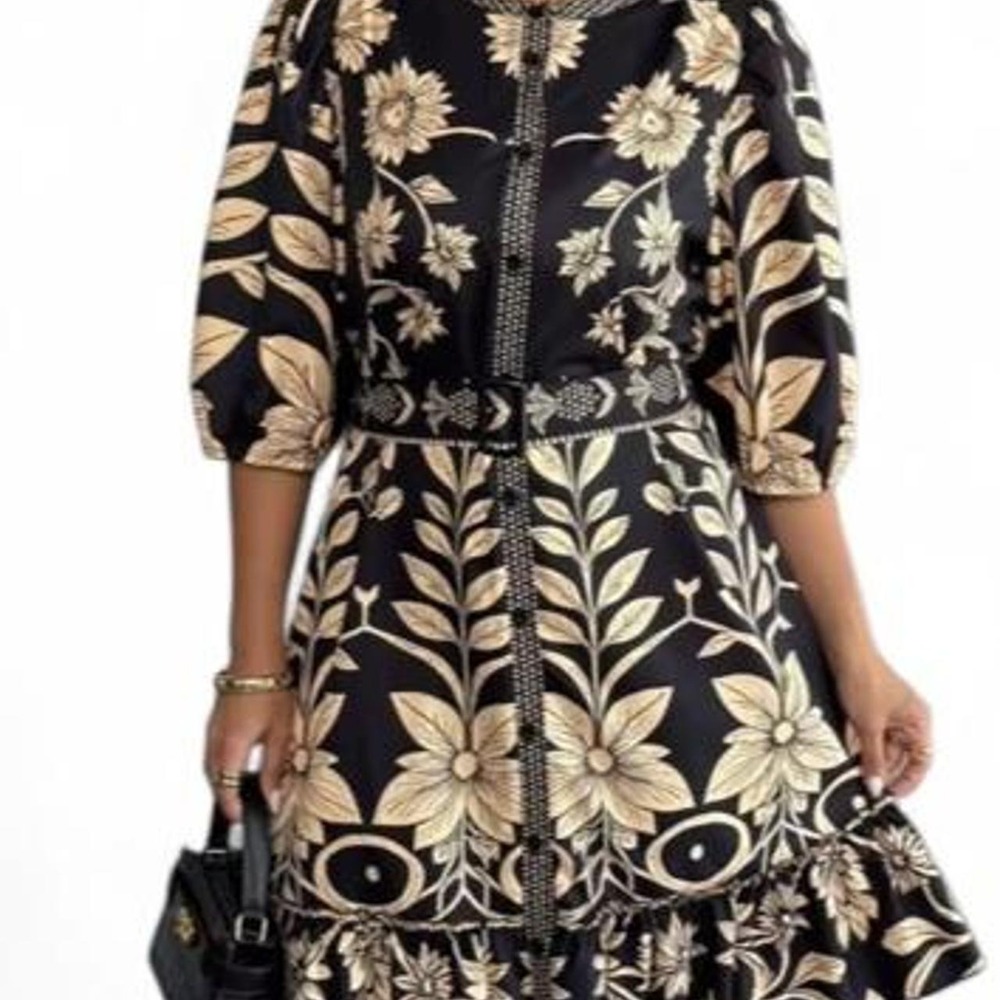 Women's Bohemian Style Black Round Neck Mid-Length Printed Dress